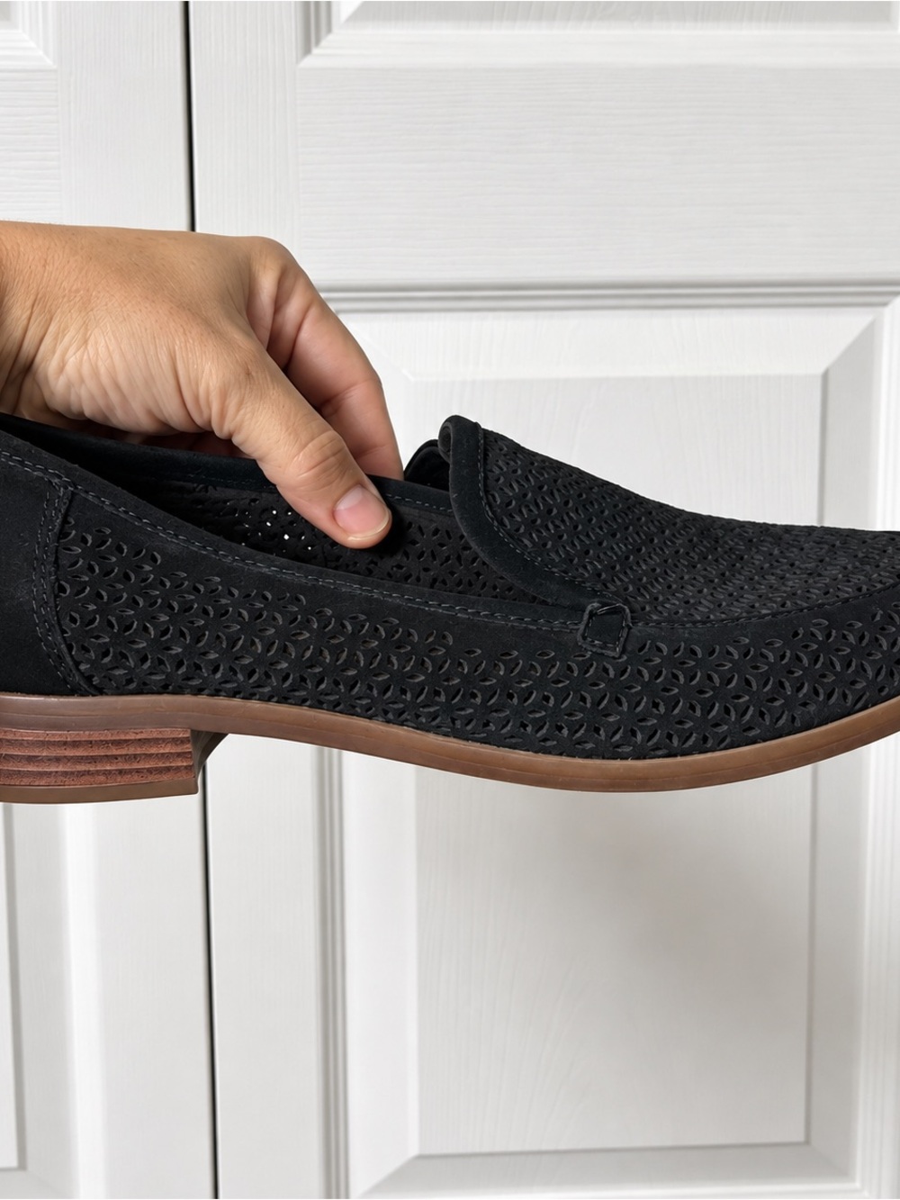 Clarks Black Perforated Slip-On Loafers with Tan Sole
